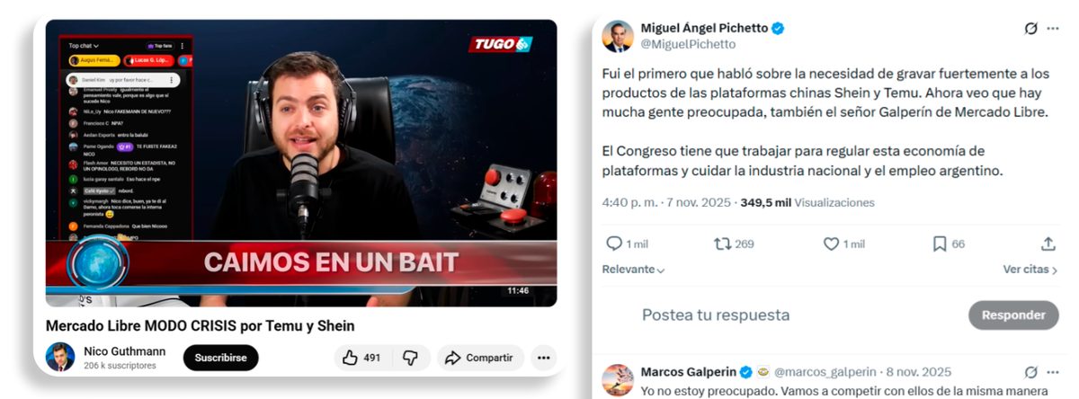 Captura de un programa de streaming sobre Temu y Shein y tweets de Pichetto y Galperín.