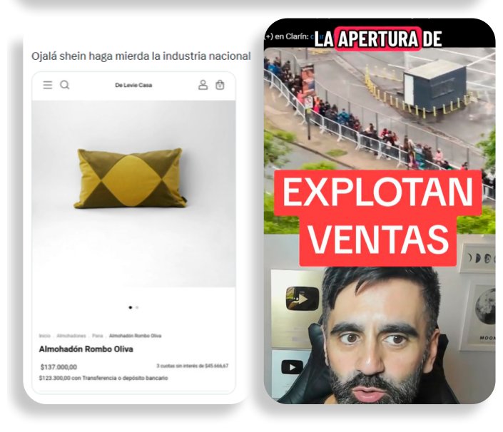 Captura de un producto de Shein y de una nota titulada «explotan las ventas».
