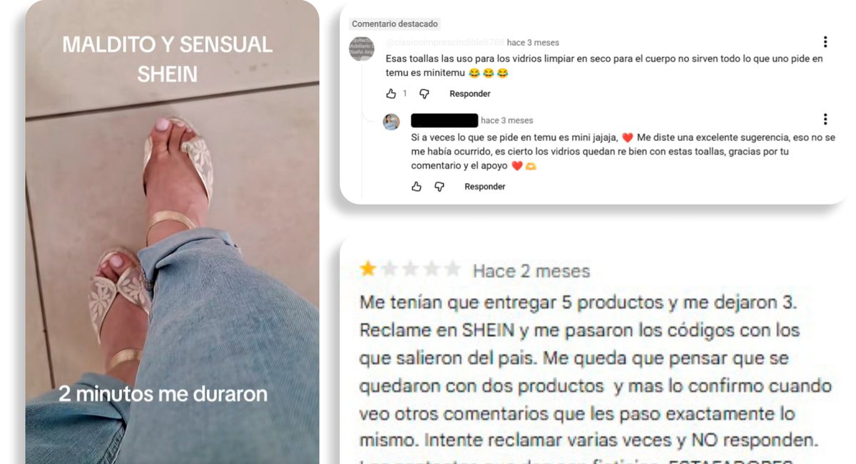 Capturas de reviews y reclamos sobre la experiencia de compra en Temu y Shein.