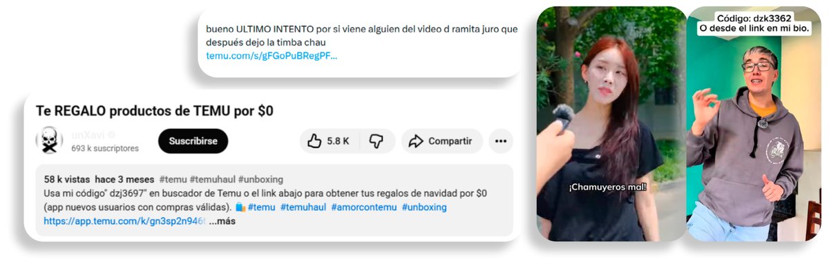 Captura de un video de TikTok regalando productos de Temu con código de referido, y dos influencers difundiendo códigos.
