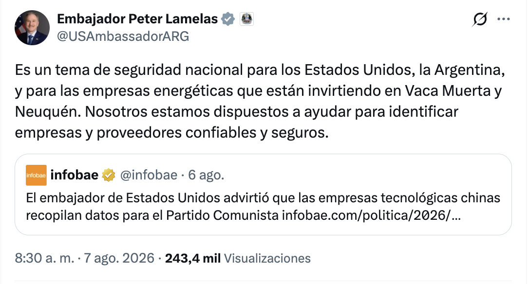 Captura del post del embajador Peter Lamelas del 7 de agosto de 2026