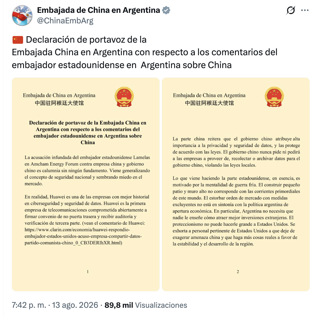 Captura del post de la Embajada de China en Argentina del 13 de agosto de 2026