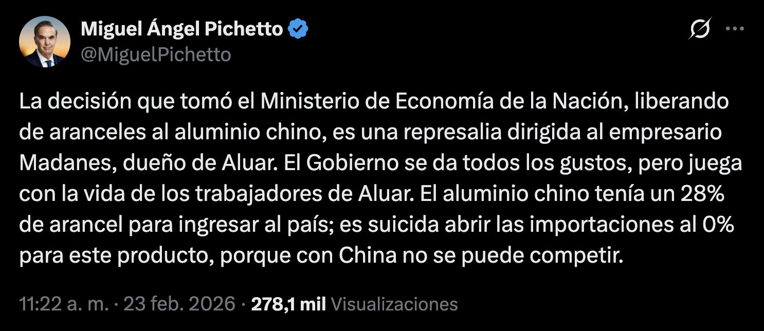 Tweet de Miguel Ángel Pichetto contra la liberación de aranceles al aluminio chino, 278 mil visualizaciones