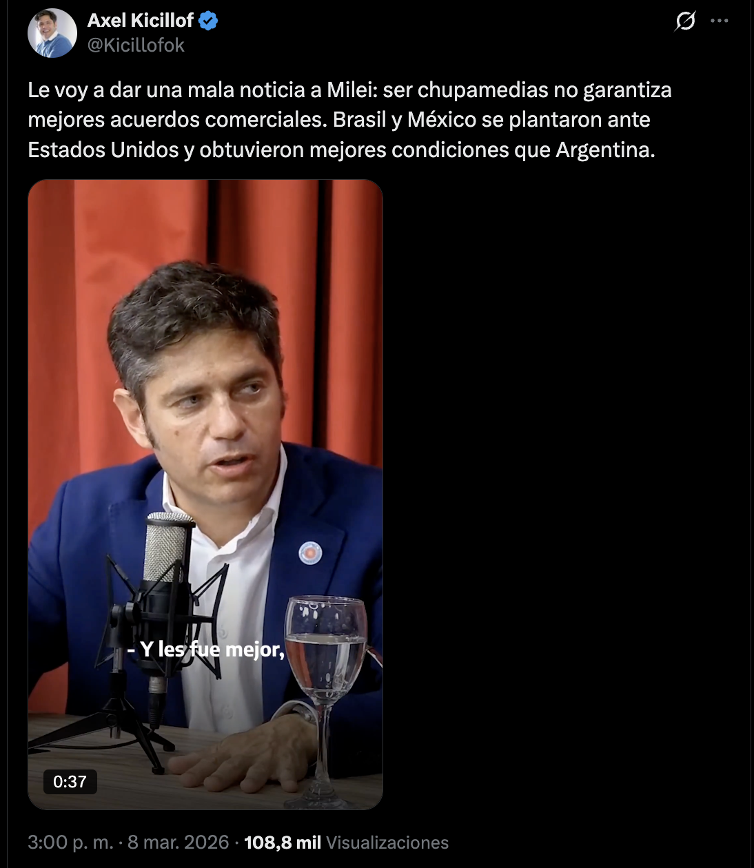 Tweet de Axel Kicillof: ser chupamedias no garantiza mejores acuerdos comerciales, 109 mil visualizaciones